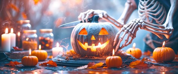 Creative boho Halloween ideas: Spooky pumpkin carving and skeleton decor. Eerie Halloween Pumpkin with Glowing Face and Skeleton in Darkness