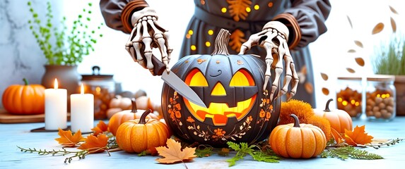 Creative boho Halloween ideas: Spooky pumpkin carving and skeleton decor. Mysterious Halloween Pumpkin Carving with Ghostly Glow Effects