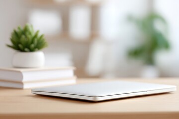 Fototapeta premium Minimalist workspace features laptop, books, and potted plant, e