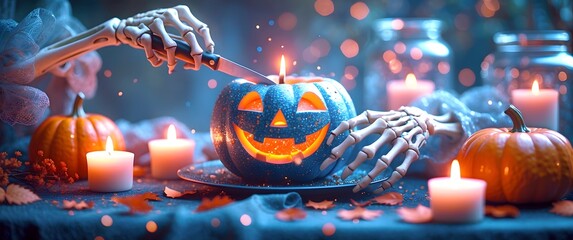 Creative boho Halloween ideas: Spooky pumpkin carving and skeleton decor. Creative Halloween Art with Skeletal Hand Carving Pumpkin Scene