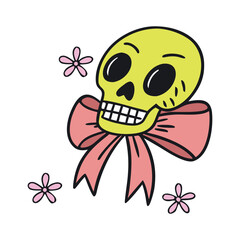 Whimsical yellow skull adorned with a pink bow and surrounded by delicate pink flowers on a white background