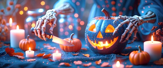 Creative boho Halloween ideas: Spooky pumpkin carving and skeleton decor. Enchanting Still Life of Halloween Skeleton with Pumpkin and Candles