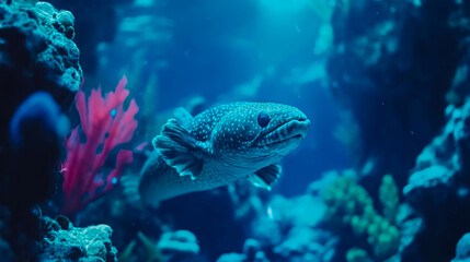 Fototapeta premium Mysterious spotted marine creature with unique lobed fins, gracefully swimming amidst vibrant coral and red underwater flora in a deep blue illuminated aquarium