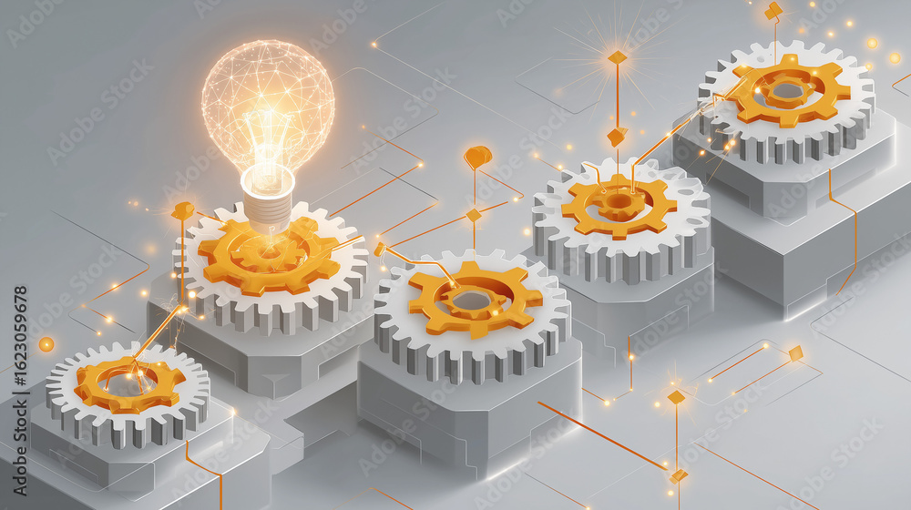 Poster illumination and gears: a conceptual, futuristic image showcasing an illuminated light bulb above a 