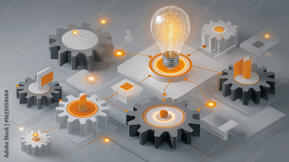 Poster illumination and integration: a luminous lightbulb radiates brilliance, surrounded by intricate mech
