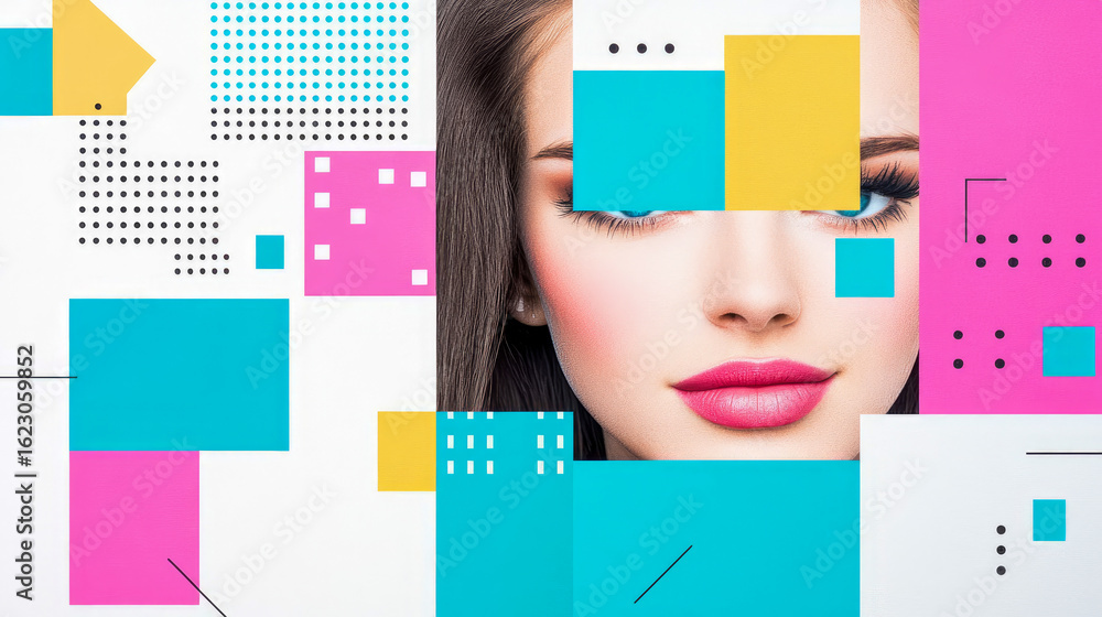 Poster vibrant visual composition merging a detailed human face with a playful arrangement of colorful abst