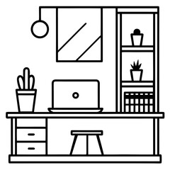Fototapeta premium A clean, organized home office with a wooden desk, laptop, bookshelf, small plant, and soft ambient lighting.