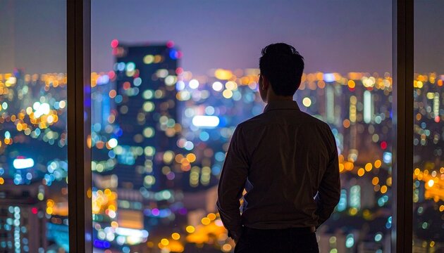 Solitude and Ambition: Man Gazing at a Vibrant Bokeh Cityscape at Night
