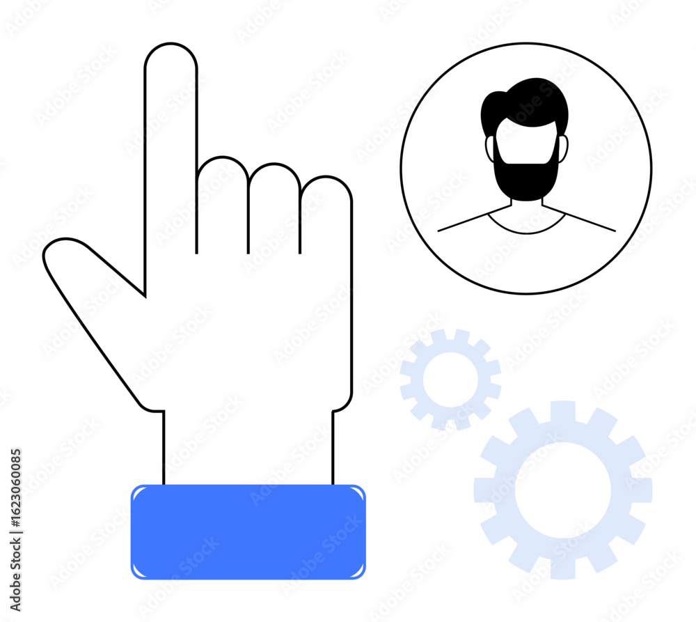 Poster index finger pointing up, mans profile in a circle, and two gear icons. ideal for user interface, de