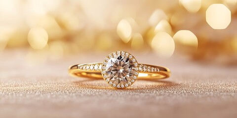 Close up of a gold engagement ring with a large diamond on a glittery surface with bokeh lights