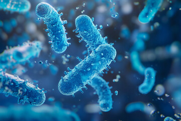 Obraz premium A detailed microscopic view of blue bacteria, featuring their rod-like shapes and textured surfaces, suspended in a dark blue fluid.