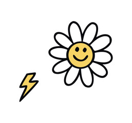 Cute hand drawn daisy with a happy smiley face and a small yellow lightning bolt symbol on a white background