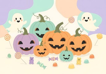 Naklejka premium Cute pastel Halloween illustration with jack-o'-lanterns and ghosts
