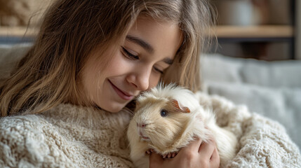 A smiling girl gently cradles a fluffy white guinea pig in a cozy sweater indoors on a soft couch