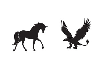 Silhouette of a majestic horse and a powerful eagle in flight