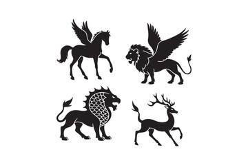 Mythical creatures pegasus lion deer and griffin silhouette collection