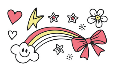 Whimsical hand drawn rainbow with happy cloud stars hearts and a pink bow isolated on white background for childrens designs