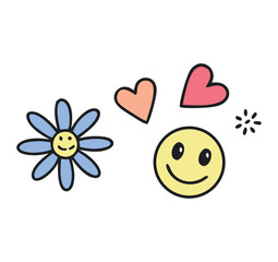 Cute hand drawn daisy flower smiley face and hearts illustration with sparkle elements for positive and happy design