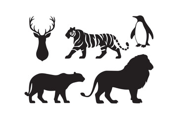 Collection of animal silhouettes including deer tiger penguin lion and panther