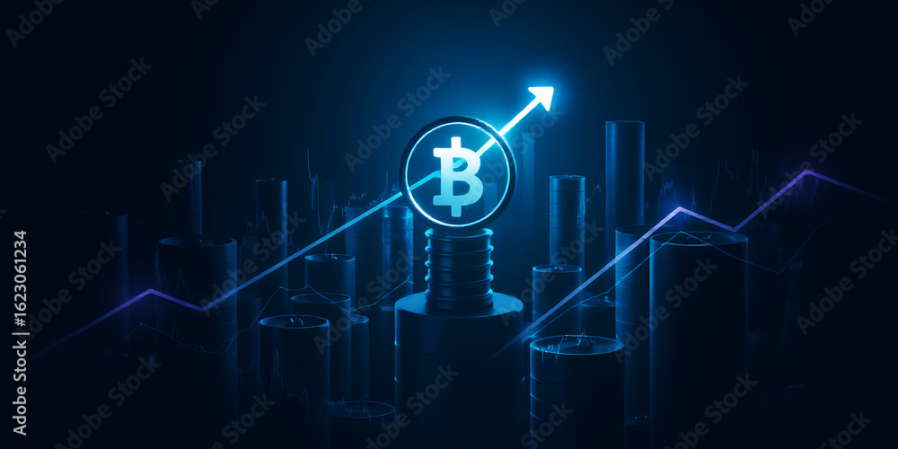Poster bitcoin symbol with upward arrow and financial graph in a dark blue illuminated scene