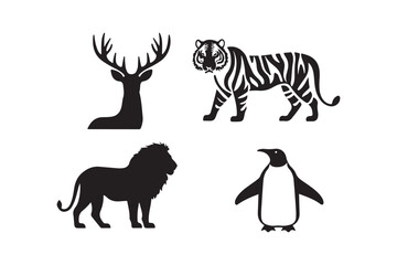 Collection of silhouetted wild animals including deer lion tiger and penguin
