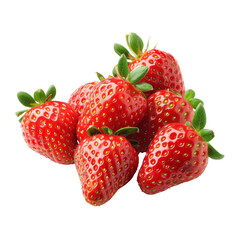 A cluster of ripe strawberries.  Fresh, vibrant red berries with green leafy tops.  Close-up view against a black background