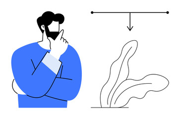 Thoughtful man holding chin beside a directional arrow above a plant. Ideal for decision-making, planning, growth, innovation, strategy, analysis, brainstorming. Simple flat metaphor