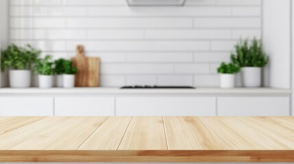 Light Wooden Tabletop Against Blurred Kitchen Background, Kitchen Decor, Interior Design Kitchen, Mockup