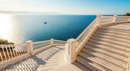 Obraz premium Elegant staircase leading to breathtaking ocean views under the summer sun, offering tranquility and escape