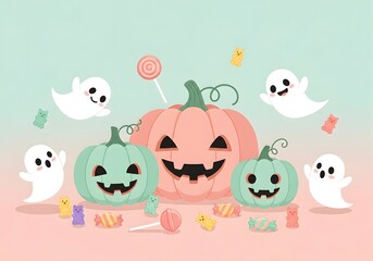 Fototapeta premium A whimsical Halloween illustration featuring cute ghosts and pastel pumpkins surrounded by candy.