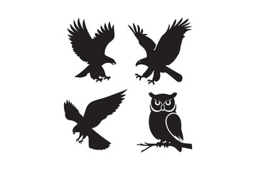 Four silhouette birds of prey including eagles and owl
