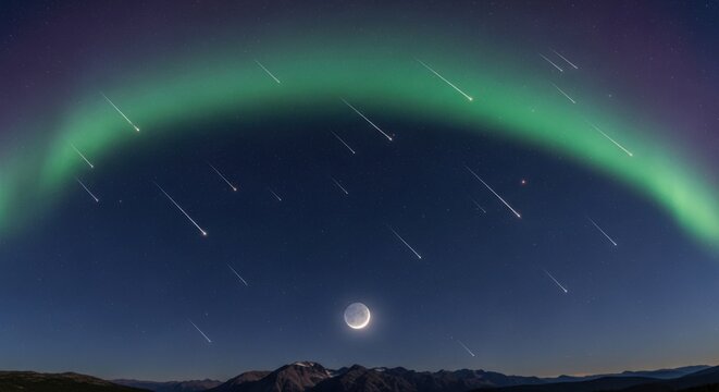 Stunning aurora borealis lights up the night sky with shooting stars and crescent moon over mountains