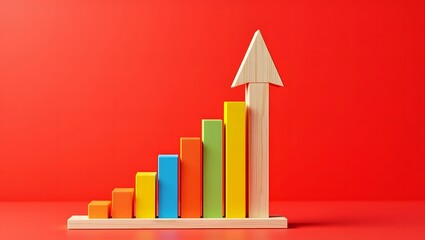 Colorful Wooden Blocks Representing Growth on Red Background