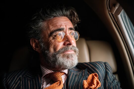 Thoughtful businessman gazing out of luxury vehicle window