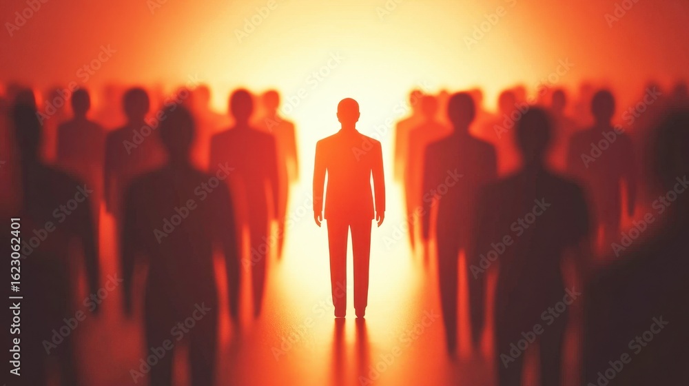 Poster silhouette of a man standing out in a crowd of shadowy figures in an intense orange glow representin