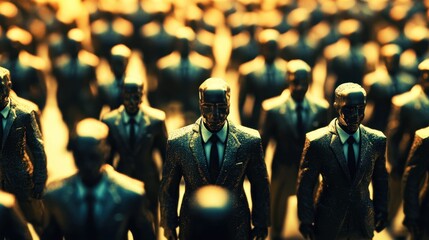 Obraz premium Abstract representation of individuality and conformity through metallic figures in business suits in a crowd, highlighting themes of identity, society, and human nature