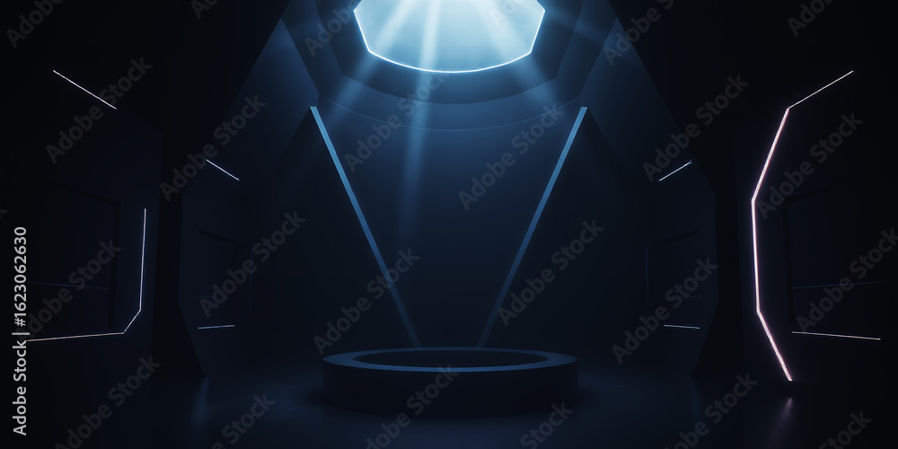 Poster a futuristic stage with a circular platform and neon lights in a dark room setting design