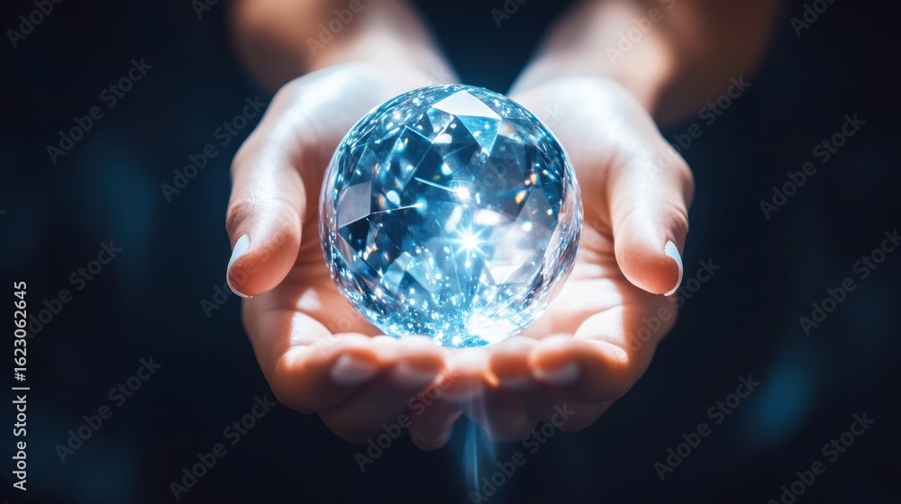 Poster hands holding a shiny crystal sphere with bright reflections and glimmers in a dark background for c