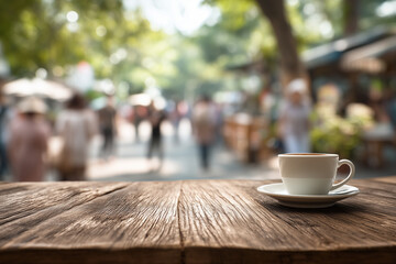 White coffee cup and saucer on weathered wooden table with blurred outdoor cafe background ceramic