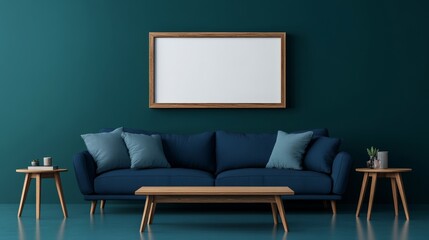 Modern Living Room Mockup Teal Walls, Blue Sofa, Wooden Frame, Interior Design, Home Decor, Living Room Design Interior Design, Home Decor