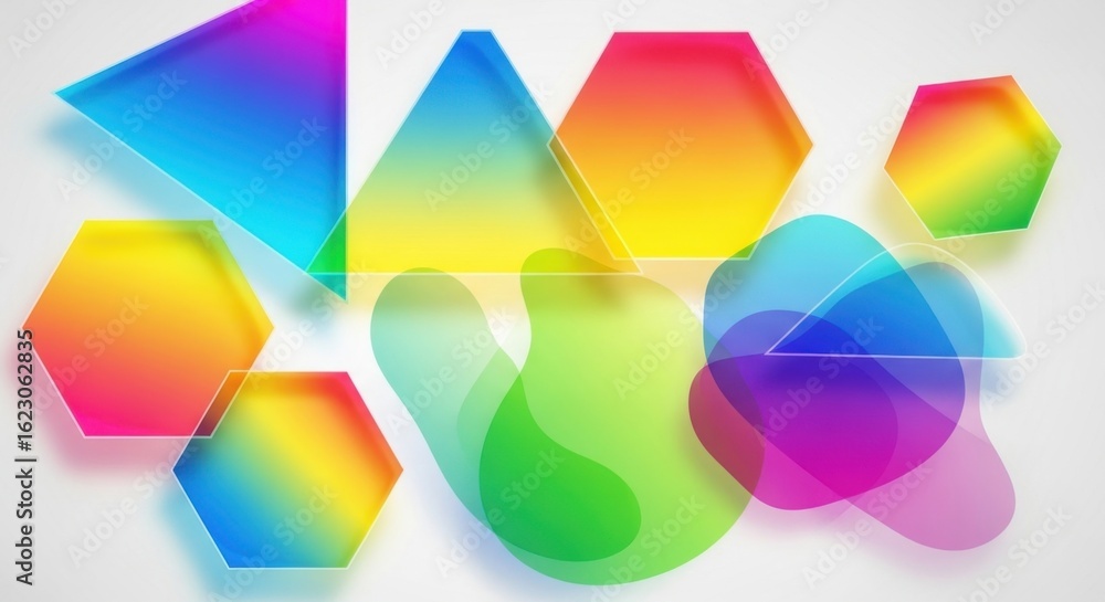 Poster vibrant rainbow geometric shapes floating against white, creating a visually dynamic abstract backgr