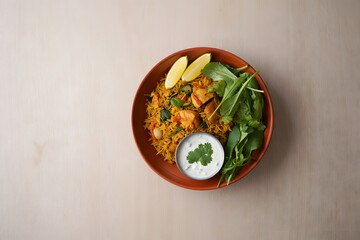 Delicious Chicken Biryani Food: Overhead Shot, Rustic Style, Appetising Presentation
