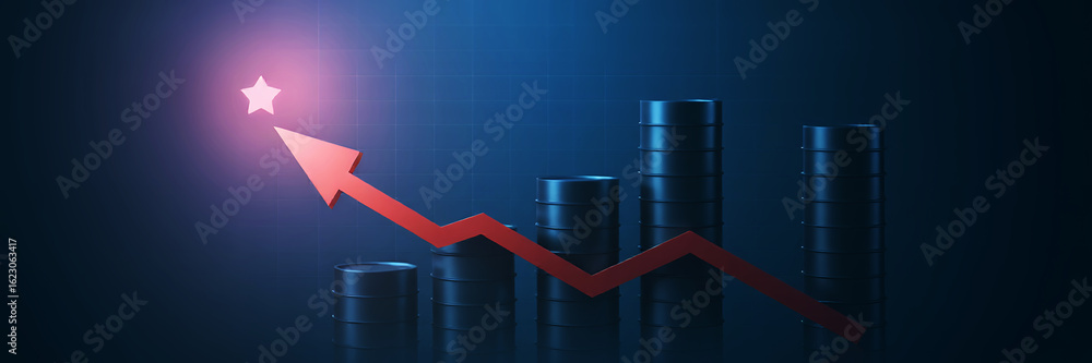 Poster red arrow pointing up towards a star over dark gray columns against a blue background