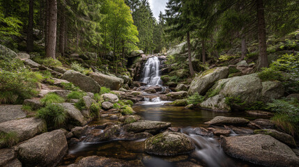 A scenic waterfall cascading down rocks in a lush green forest with tall trees and mossy boulders around