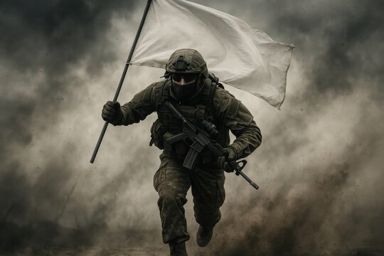 Soldier Raising a White Flag: An imposing soldier strides forward with a raised white flag amidst a somber warzone, signifying surrender or truce in a compelling, atmospheric scene.