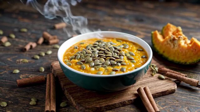 Pumpkin Porridge with Ingredients on Wooden Table Warm Pumpkin Cream Chowder