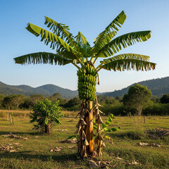 Fototapeta premium Tropical banana trees stand firmly in the middle of the field, with bunches of fresh green bananas hanging heavily from their trunks.