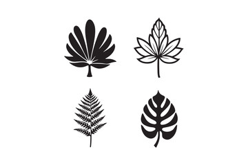 Four stylized black and white leaf illustrations on a white background