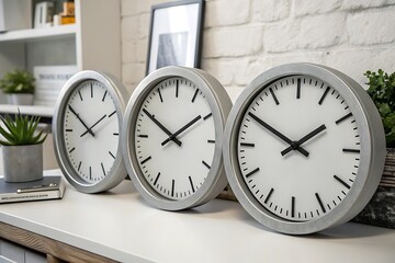 Three round analog clocks with white faces and black hands time office