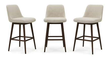 Three elegant beige upholstered counter stools with dark brown legs perfect for a modern kitchen or bar setting, adding style and comfort to your space.